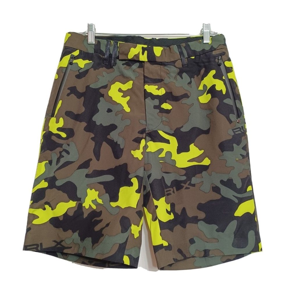 RLX Ralph Lauren Men's Golf Shorts Size 32  Flat Front  Yellow/Green Camo